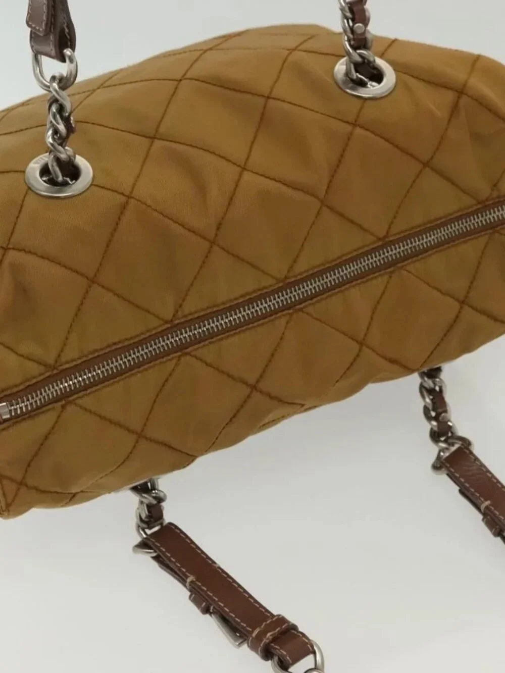 PRADA Chain Shoulder Bag Nylon Beige Silver Auth 140091